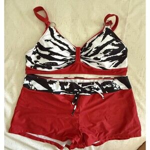 Women's Bikini XL Two-Piece Swimsuit Red & Black Leopard Print Curvy Leo TOOCOOL